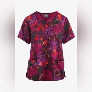 Butter-Soft Originals Autumn Park Wine Women's 2-Pocket V-Neck Print Scrub Top